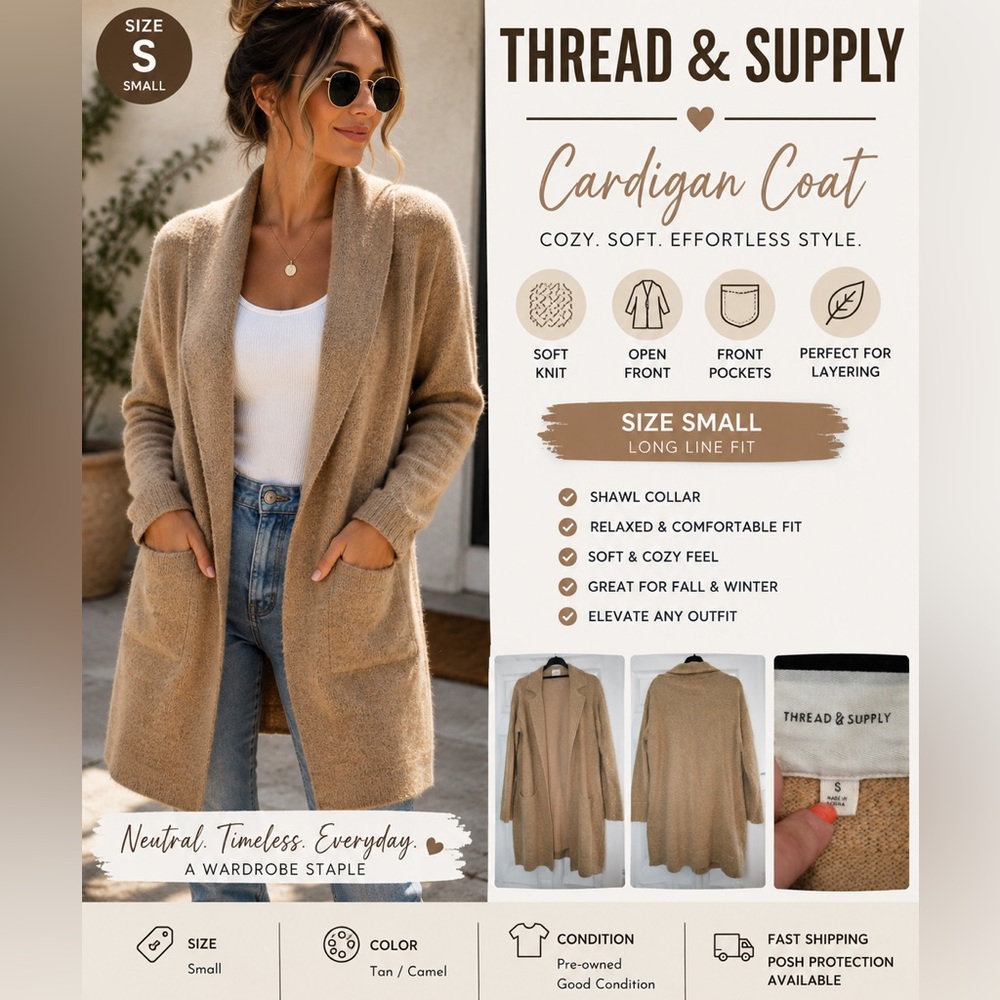 Thread & Supply Cozy Knit Cardigan Coat Tan Open Front Longline Size Small